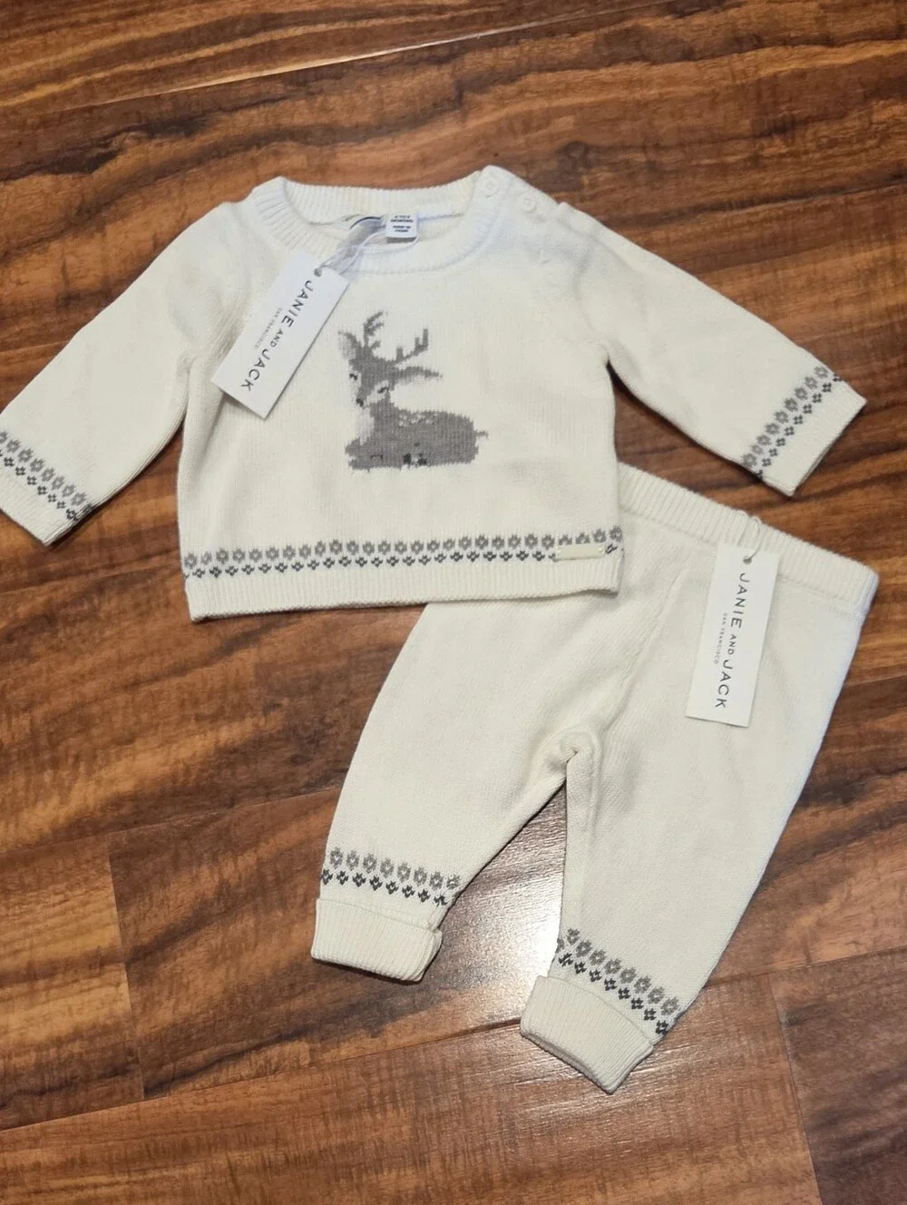 Janie and Jack NWT 0-3 months ivory/gray fair isle reindeer sweater & pants set